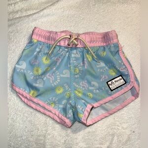 Salty Shreds blue, yellow, and pink board shorts, size 4/5